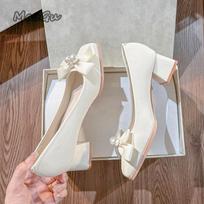 Elegant Women's Mid Heel Pumps Beige PU Leather White Pearl Bowknot Chunky Heeled Shoes for Ladies Bride Pumps Zapatos De Mujer 35