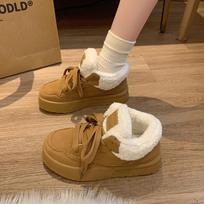 Platform Lace-Up Plush Cotton Shoes Women's Winter Outdoor Faux Fur Lined Thickened Anti-Slip Low Top Snow Boots Casual Sneakers 35