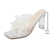 Lace Pearl Bowknot High Heel Slippers for Women Summer Square Toe Transparent Heeled Pvc Sandals Woman Fashion Party Dress Shoes 34