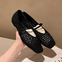 Summer Women's Sandals 2026 New Square Head Hollow Weave Casual Shoes Breathable Lightweight Comfortable Soft Bottom Beach Flats 35