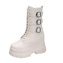Womens Mid-calf Boots Fashion Motorcycle Boots High Quality Casual Leather Booties 12cm Height Increase Platform Boots for Women 34