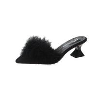 Women's Half Slippers New Summer Sexy Pointed Temperament High-heeled Slippers Female Fashion Furry High Heels Solid Slides 34