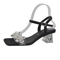 Women's Summer New High Heel Sandals Crystal Buckles Thick Heel Square Head French Style Rubber Bottom PU Leather Single Shoes 35