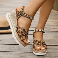 2026 Leopard Print Wedge Heel Sandals Women Fashion Crystal Flowers Thick Bottom Sandalias Mujer High Heeled Platform Sandals 43 36