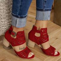 Hollow Fish Mouth Zipper Chunky Heel Women's Casual Sandals 35