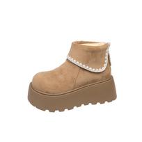 Women's Large Size Furry Mouth Winter Warm Snow Boots Padded Lining Ankle Boots Leather and Fur Integration Non-slip Hiking Sports Martin Boots 35