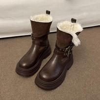 Women's British Style Tall Leather Fashion Lightweight Soft Sole Winter Warm Fur One Snow Boots Padded Lining Non-slip Casual Sports Cotton Boots 35