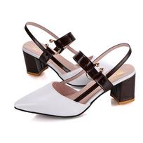 Single Shoe Women's Pointed Toe, Thick Heel, Toe Cap Women's Shoes, Mid Heel, Straight Buckle High Heels, Hollow Women's Sandals 34