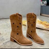 Kovbojiški batai moterims Įsispiriami Vidutinio pločio blauzdai Cowgirl batai Žemi stori kulniukai Smailus pirštas Ilgi aukšti vakarietiški batai Moteriški įtraukiami Rudens retro batai 34