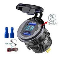 12V/24V Dual USB QC3.0 Outlet Car Charger USB Lighter Socket Waterproof With LED Voltmeter ON/Off Switch Quick Charge Adapter Car Accessories with 60CM Cable mėlyna
