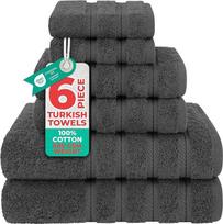 "American Soft Linen" 6 dalių 100 % turkiškos tikros medvilnės vonios kambario virtuvės rankšluosčių rinkinys 2 vonios rankšluosčiai, 2 rankšluosčiai rankoms ir 2 veido šluostės pilkos spalvos
