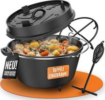 "AMZBBQ® Premium Dutch Oven" - dvigubai išdegtas ketaus puodas ugniai - rūdims atsparus kepsninės puodas kepsninei, briketams, laužui ir lauke - su dangčio pakėlimo įtaisu - 9 litrų talpos ir su kojelėmis