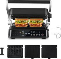 "AMZCHEF XL" kontaktinis grilis "4-in-1" su temperatūros jutikliu ir "GrillBoost 280°C" - elektrinis grilis su 6 programomis, 2 zonomis, 4 keičiamomis plokštėmis - kepsniams, vafliams, sumuštiniams, panini, galima plauti indaplovėje