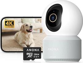 "Anona" 4K UHD vidaus kamera su 128GB SD kortele, naminių gyvūnėlių / šunų / kūdikių apsaugos kamera su telefono programėle, 360° pasukimo kampu, 2,4G/5G "Wi-Fi 6", automatinis sekimas, asmens / naminių gyvūnėlių / kūdikio verksmo aptikimas
