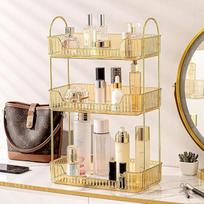 "Bingobang Makeup Organiser", besisukantis 3 pakopų kvepalų organizatorius, odos priežiūros kosmetikos organizatorius, tualetinio stalo organizatorius lūpų dažams, papuošalams, šepetėliams, tualetiniam stalui, miegamajam (auksinis, 3