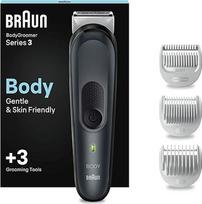 "Braun Bodygroomer Series 3", elektrinis kūno skustuvas vyrams su 3 priedais, belaidis trimeris intymiai sričiai ir kūnui, 80 minučių veikianti baterija, vandeniui atsparus kūno plaukelių kirptuvas, BG3340, juodas/pilkas