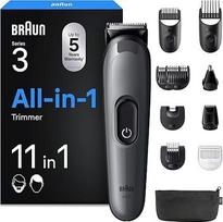 "Braun All-in-One Trimmer Set 3", "11-in-1 Multigroom", barzdos kirptuvas, nosies plaukų kirptuvas, veido ir galvos plaukų kirptuvas, 50 min. baterija, 14 ilgių (3-21 mm), AIO3565, pilka