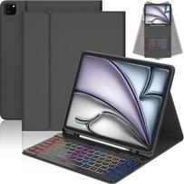 "CC Store" dėklas su klaviatūra "iPad Air" 13 colių M3 2025/M2 2024, "iPad Pro" 12,9 colių 6/5/4/3 kartos, magnetinė nuimama "Bluetooth" klaviatūra su 7 spalvų apšvietimu ir pieštuko laikikliu, QWERTZ išdėstymas