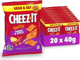 "Cheez-It Snap'd Cheese & Chilli Chips" (20 x 40 g), aštrūs sūrio traškučiai, plonos, traškios tekstūros, kepti užkandžiai su 100 % tikru sūriu, be dirbtinių dažiklių ir kvapiųjų medžiagų