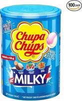 "Chupa Chups" pieno ledinukų skardinė, praktiška dėžutė su 100 ledinukų su 3 kreminiais skoniais: karamelės, braškių kremo, kakavos ir vanilės, tinka gimtadieniui, 100 x 12 g