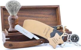 "Classic Collection" kirpyklų salono tiesaus kirpimo juodos spalvos barsuko plaukų skustuvas Odinis skustuvas ir šlifavimo pastos rinkinys, 5 vnt.