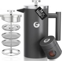 "Coffee Gator French Press" / kavos virimo aparatas / arbatos virimo aparatas, 1 litro talpos dvigubų sienelių prancūziškas presas, kuriame kava ilgiau išlieka šilta, matinės pilkos spalvos kavos puodelis su mini kavos skardine, pilka