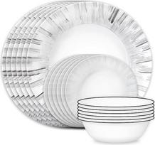 "Corelle Vitrelle" 18 vnt. 6 valgomųjų indų rinkinys, trisluoksnis stiklas, atsparus duženoms, lengvos apvalios lėkštės ir dubenys, "Arica