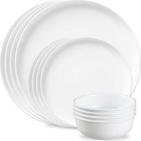 "Corelle" modernus apvalių stalo indų rinkinys 4 asmenims Trisluoksnės drožlėms ir įtrūkimams atsparios stiklinės lėkštės ir dubenys 12 vnt.