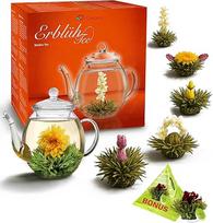 "Creano Tea Flowers" dovanų rinkinys - žydinti arbata su 500 ml stikliniu ąsočiu ir 6 baltosios arbatos + "Teelini" žaliosios arbatos kamuoliukas - 8 vnt.