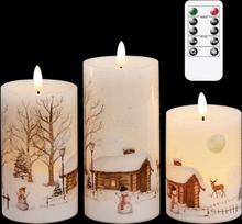 "Eldnacele" nedegios mirksinčios kalėdinės sniego žmogaus netikros LED žvakės su nuotolinio valdymo pulteliu 3D Wick Snow Scene Decal Real Wax Candles Lights LED Flames for Christmas Home Decoration