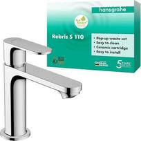 "hansgrohe Rebris S" praustuvo čiaupas su snapeliu, 110 mm aukščio, su traukle, vandenį taupanti įranga, chromas