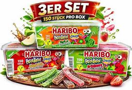 "Haribo Pasta Basta Sour" 3 rinkinių rinkinys - 3 x 150 vienetų - "Happy Cola", "Strawberry" ir "Apple" - veganiškos vaisių kramtomosios gumos lazdelės - laikymo dėžutė + "minafood" užrašų knygelė