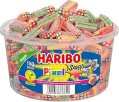 "Haribo Rainbow Pixel Sour" - 150 apvalių skardinių pakuotė (1,2 kg) - ryškių spalvų rūgštūs vaisių kramtomosios gumos pikseliai - didelis indas vakarėliams, biurams ir dalijimuisi