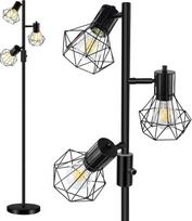 "HiBay" LED grindų lempa su galimybe reguliuoti apšvietimą, pramoninė kaimiška grindų lempa, 3 lemputės, juoda grindų lempa su 3 x 8 W, 800 lm, E27 lempa, skaitymo lempa svetainei, miegamajam, biurui