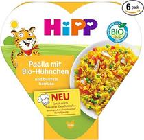 "HiPP Organic Paella" su ekologiška vištiena ir įvairiaspalvėmis daržovėmis (6 x 250 g), Meniu nuo 1 metų, švelniai troškinta garuose, pritaikyta vaikams