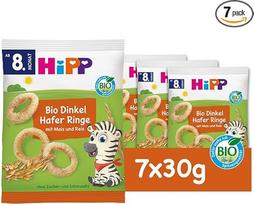 "HiPP" ekologiški speltų avižų žiedai (7 x 30 g), užkandis kūdikiams nuo 8 mėnesių, be pridėtinio cukraus ir druskos, idealiai tinka keliaujant ir tarp valgymų