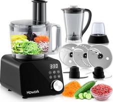 "Howork" 1500 W virtuvinis kombainas, didelės talpos, daugiafunkcinis, skirtas smulkinti, pjaustyti, malti, plakti, smulkinti, pilti ir tešlą, nerūdijantis plienas, juodas