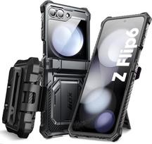 "i-Blason" dėklas "Samsung Galaxy Z Flip 6" su stovu, apsauginis dėklas su vyrių apsauga, apsauginis dėklas su buferiu, apsauginis dėklas [Armorbox] su integruota ekrano apsauga ir diržo spaustuku, skirtas "Samsung Z Flip 6" (juodas)