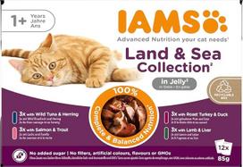 "IAMS Delights Land & Sea Collection" drėgnas kačių ėdalas su mėsos ir žuvies rūšimis drebučiuose, drėgnas ėdalas katėms nuo 1 metų, 12 x 85 g