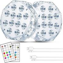 "Idealife" 20 LED baseino apšvietimo povandeninė šviesa, magnetinis įkraunamas visiškai vandeniui atsparus tvenkinio apšvietimas su suporuotu RF nuotolinio valdymo pultu "Q-Pad", dideli magnetiniai siurbtukai, skirti SPA sūkurinei voniai, 2 vnt.