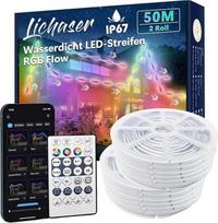 "Lichaser" 50 m lauko RGB+IC LED juosta, atspari vandeniui IP67, "pasidaryk pats", segmentavimo LED juostos su BT programėle ir 2.4G RF nuotolinio valdymo pulteliu, skirtos naudoti lauke
