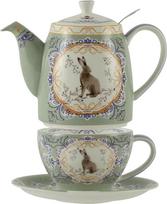 "London Pottery Bone China" arbatinukų rinkinys, arbatos puodelio ir servizo rinkinys vienam asmeniui Arbatinukas, puodelis ir lėkštutė su gyvūnų piešiniu (Habbit)