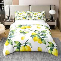 "Loussiesd Lemon" 100 % medvilninis patalynės komplektas 220 x 240 cm Botaninis citrinų modelio lovos komplektas Kambarių dekoratyvinis tropinių vaisių antklodžių rinkinys Medvilninis miegamojo patalynės komplektas Geltonai žalias patalynės komplektas