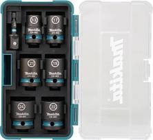"Makita" E-16592 smūginių juodų smūginių galvučių rinkinys 1/2 colio, 7 dalių sandėliavimo dėžutėje SW13 - SW24, įskaitant 50 mm adapterį nuo 1/4 colio šešiakampio iki 1/2 colio kvadrato, chromo-molibdenas, smūginių galvučių ilgis 38 mm