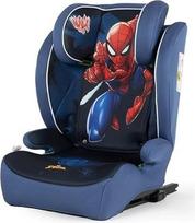 "Marvel Spiderman" automobilinė kėdutė su ISOFIX tvirtinimo įtaisu, skirta vaikų saugumui nuo 100 iki 150 cm, su superherojaus Žmogaus-voro grafika mėlyname fone