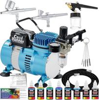 "Master Airbrush Airbrush" rinkinys su 3 pagrindinėmis oro teptuko spalvomis TC20 Pro oro kompresorius, oro filtras / reguliatorius, oro teptuko laikiklis, 2 gravitaciniai dvigubo veikimo pistoletai ir 1