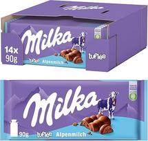 "Milka Luflee Alpių pienas" - "Airy" šokolado plytelė su švelniais oro burbuliukais, pagaminta iš švelnaus Alpių pieno - 14 x 90 g