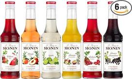 "Monin Tasting Pack" vaisių sirupo rinkinys (6 x 250 ml) - pasiflorų, laimo, juodųjų serbentų, braškių, aviečių ir persikų - vaisių sirupas kokteiliams, limonadams, kavai ir desertams