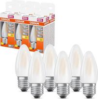 "Osram LED Star Classic" klasikinė mini žvakės formos LED lempa, balta, šiltos baltos šviesos (2700 K), 5,5 W / 806 lm, matinis bešvinis stiklas, E27 lizdas, IP20, energijos vartojimo efektyvumas D, 35 mm DM, 6 vnt. pakuotėje