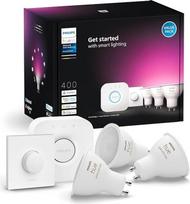 "Philips Hue" pradinis rinkinys: Tiltas + 3 GU10 išmaniosios lemputės + išmanusis mygtukas, baltos ir spalvotos aplinkos, išmanusis šviesos koncentratorius, suderinamas su "Alexa", "Google Assistant", "Samsung SmartThings", "Apple Home